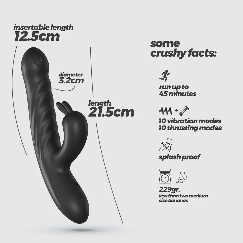 Вибратор-кролик Crushious Lapin Thrusting 21.5 см (черный) - фото 7