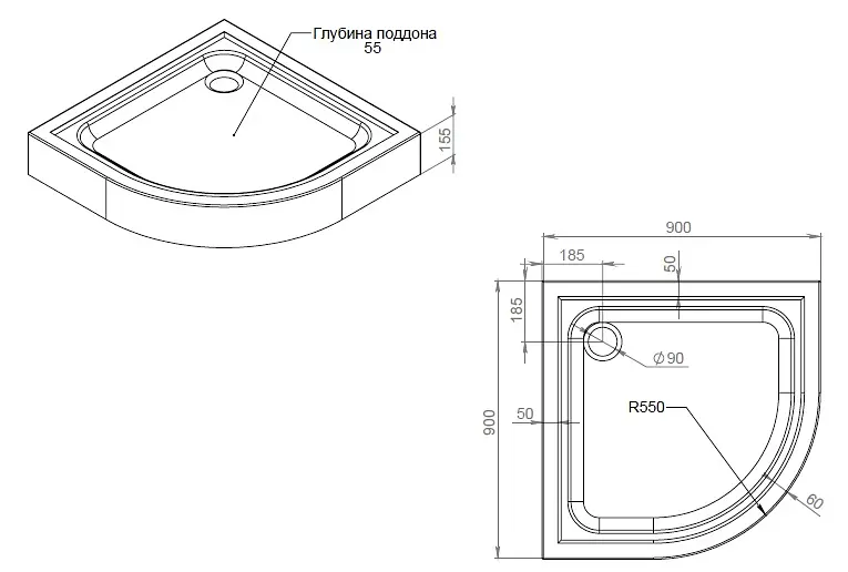 Душевой поддон Am.Pm Gem 90x90x15.5см полукруглый с сифоном белый W90T-401-090W, Белый, белый - фото 2