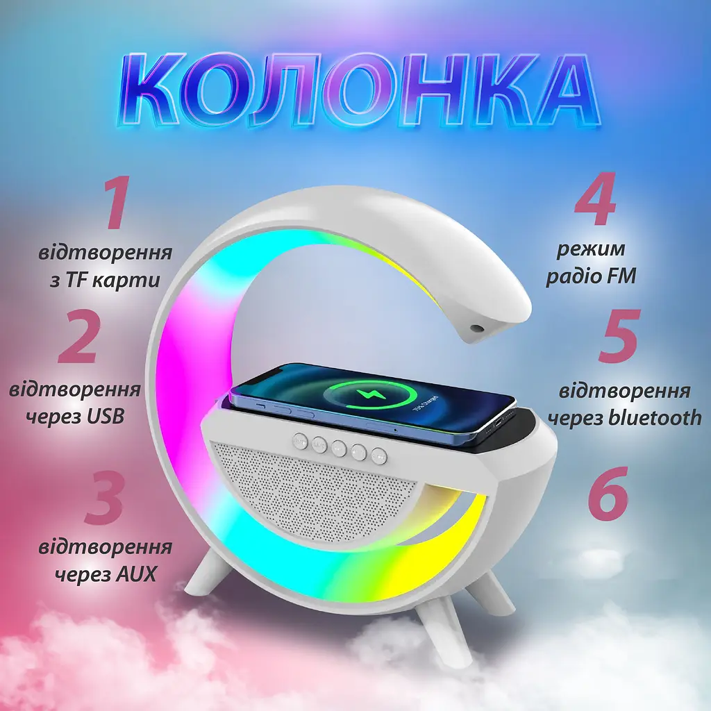 Портативная колонка с RGB-подсветкой Smart X BT2301W BT/TF/Wireless Charger/USB/FM/AUX 5 Вт, белый - фото 2