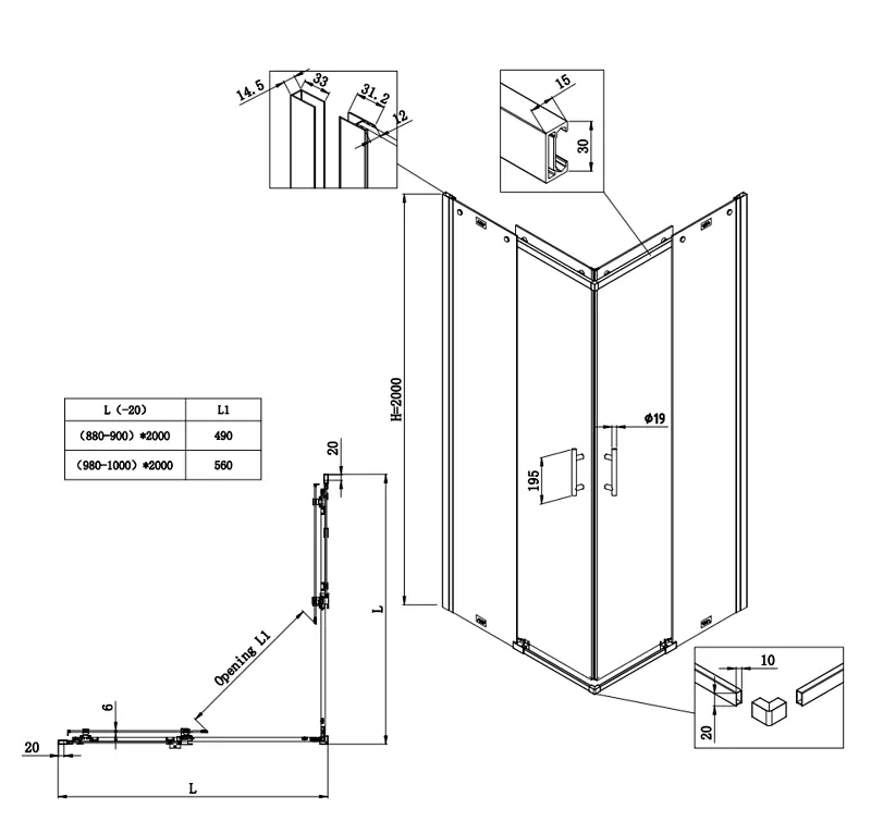 Душова кабіна без піддону Koer SR SC03-100x100x200-TR-01 прозоре скло Easy Clean 6 мм, хром KR5357, Універсальна, прозорий, хром - фото 2
