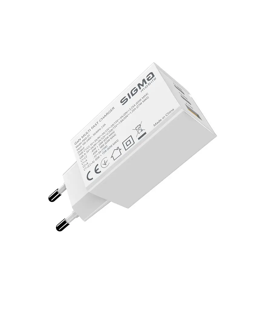 Мережевий зарядний пристрій Sigma mobile X-power 65W GaN, PD, QC (2xUSB-C + 1xUSB-A) Білий (PS65-01) - фото 5