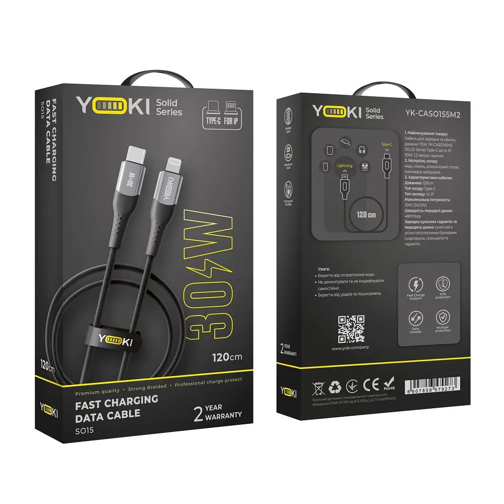Кабель для заряджання та обміну даними Yoki YK-SO15 SOLID Series 30W 3A/10V 1.2 м Чорний - фото 2
