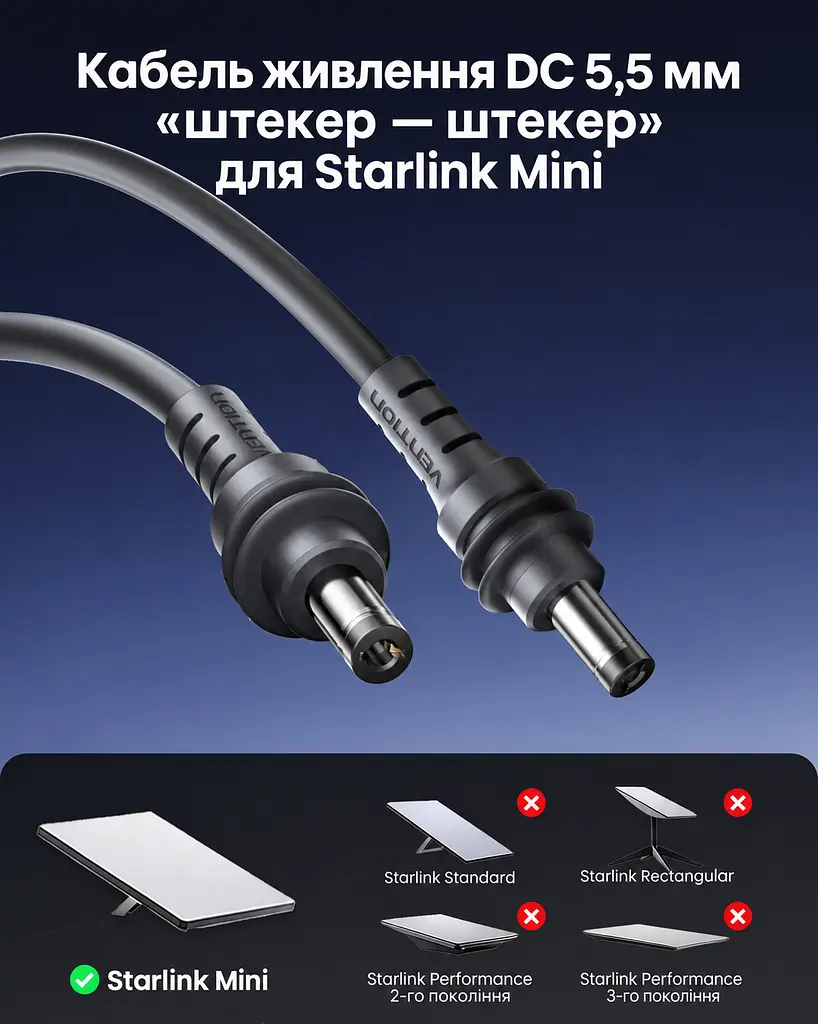 Кабель живлення для Starlink Mini Vention 5 м DC 5,5 × 2,1 мм  сірий (FDUHJ) - фото 2