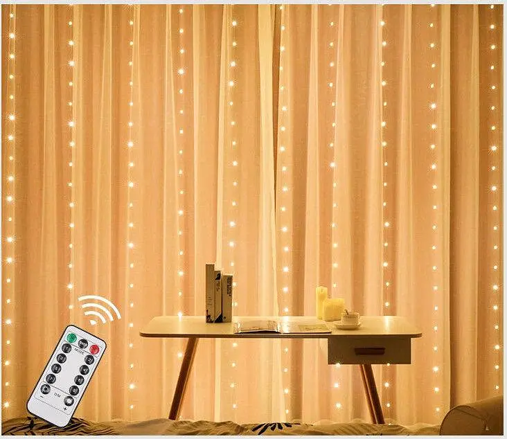 Гирлянда штора Sun Lamp большие капли росы 3х2.5 м 250 LED с пультом от USB от powerbank - фото 2