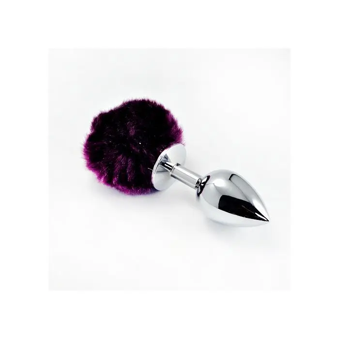 LoveToy Large Silver Plug+Pompon Purple - Велика срібляста анальна пробка з пухнастим хвостом, 17х4 см, фіолетовий