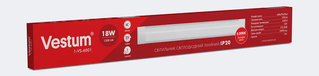 Світлодіодний лінійний світильник Vestum 0,6м 18W 6500K 220V IP20 1-VS-6001 - фото 2