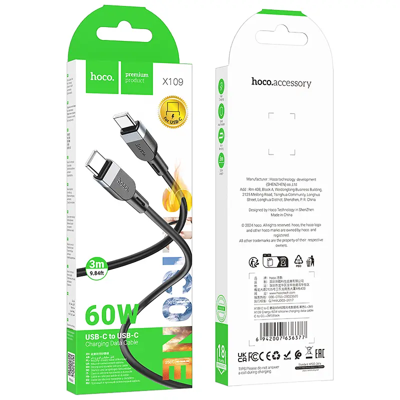 Кабель Hoco X109 Energy 60W silicone charging data cable Type-C to Type-C (L-3M) Black - фото 2