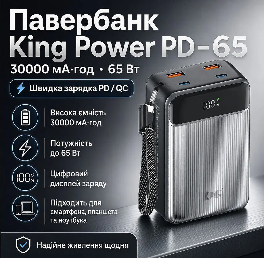Повербанк Powerbank King Power PD65 Digital Display 30000mAh 65W зі швидким заряджанням для ноутбука, смартфона, планшета - фото 2
