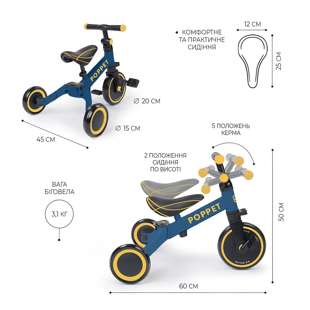 Дитячий триколісний біговел-трансформер Poppet 3 в 1 синьо-жовтий + стікерпак (PP-1702B) - фото 4