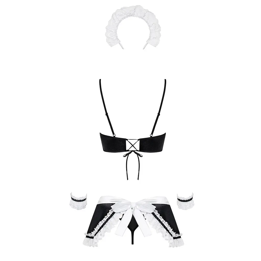 Атласний еротичний костюм покоївки Obsessive Maid set S/M, black, 5 предметів - фото 6