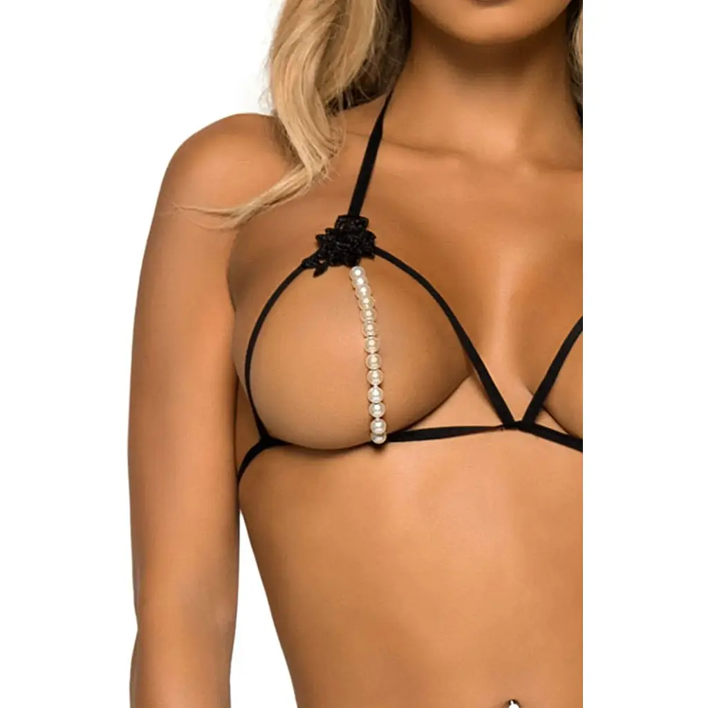 Leg Avenue Open cup bra and pearl panty OS Black - фото 7