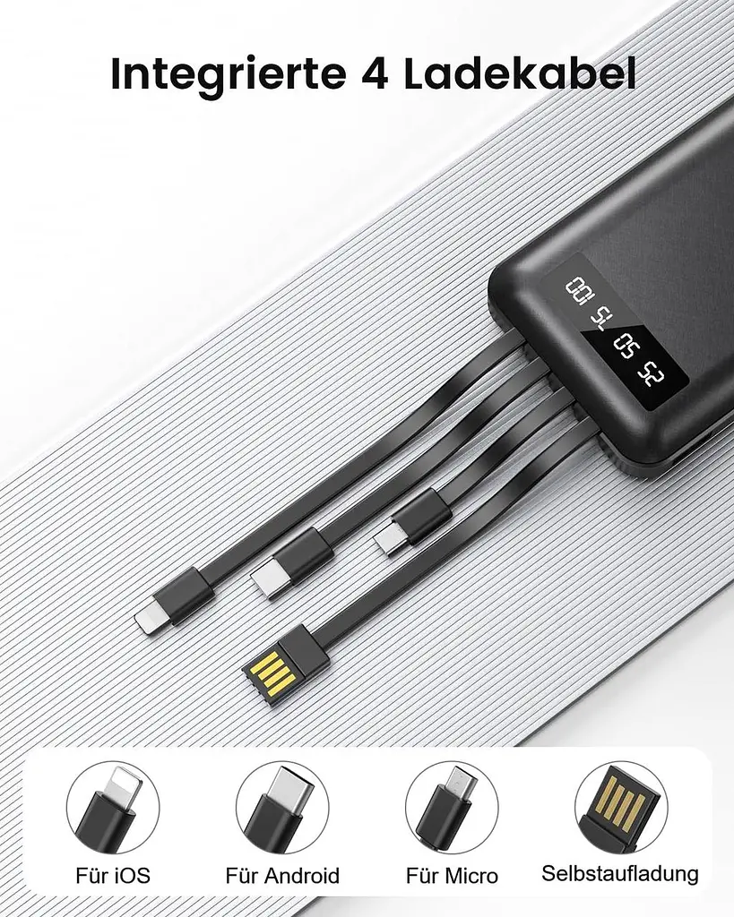 Повербанк 26800 мА·год з 4 вбудованими кабелями, 22,5 Вт Power Bank USB C Функція швидкого заряджання зі світлодіодним дисплеєм - фото 6