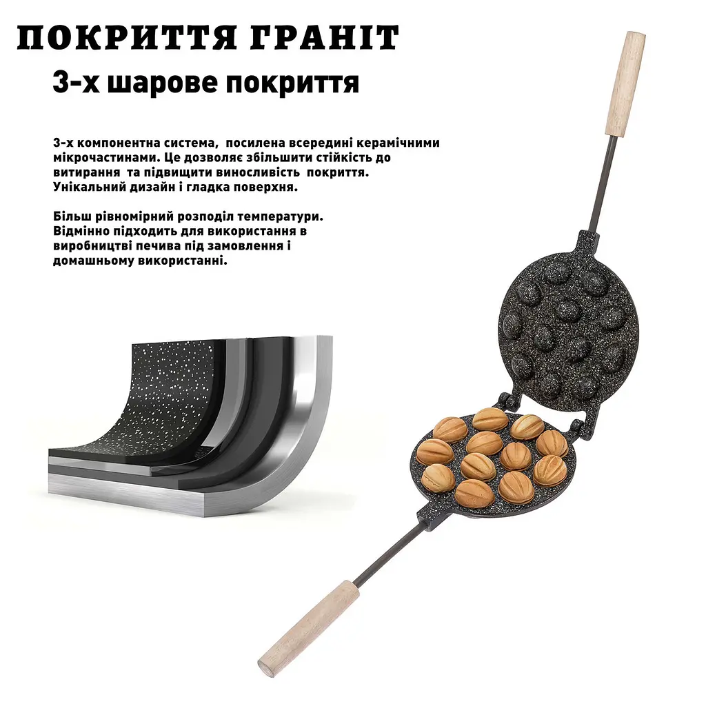 Форма для випікання горішків горішниця з антипригарним гранітним покриттям на 12 горіхів, ХЕАЗ Чорний 86263 - фото 3