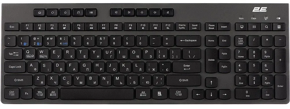 Клавіатура бездротова 2E KS280, чорний, bloetooth/2.4GHz USB, 10 окремих мультимедійних клавіш, 1xAA, EN/UA
