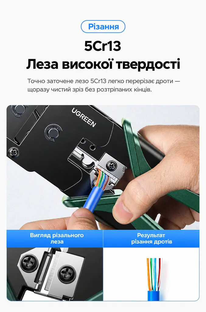 Кліщі для обтискання й різання та зняття ізоляції UGREEN NW304 кримпер для роз’ємів 8P/6P/4P RJ45 RJ11/RJ12 RJ9/RJ10 для плоских і круглих дротів зачищення дротів діаметром до 10 мм нековзні руків’я з м’якої гуми із захисним упором для руки механізм зменшення зусилля натискання чорні (35971) - фото 7