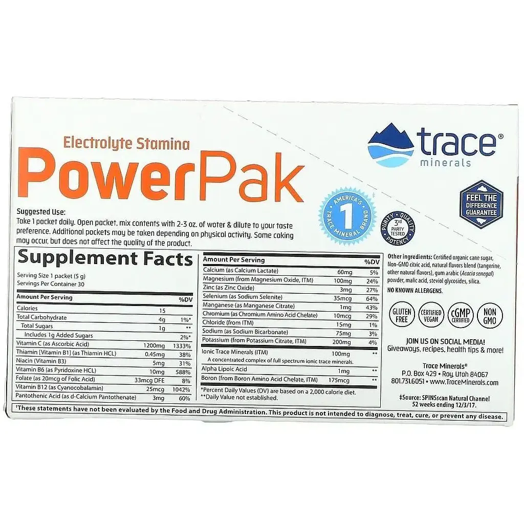 Электролиты Trace Minerals Electrolyte Stamina Power Pak со вкусом мандарина 150 г (30 шт. х 5 г) - фото 2