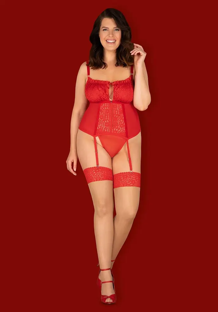 Корсет та стрінги Obsessive Blossmina, 4XL/5XL (червоний) - фото 3