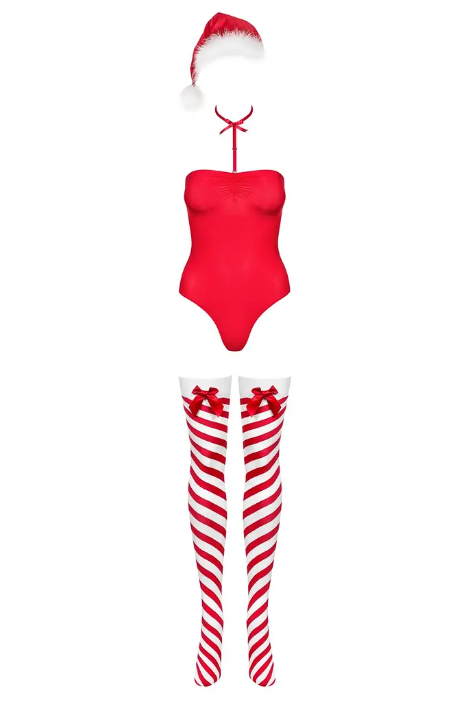 Тедді Obsessive Kissmas teddy, S/M, червоне, без бретелей, чокер, панчохи та шапка з помпоном у наборі - фото 3