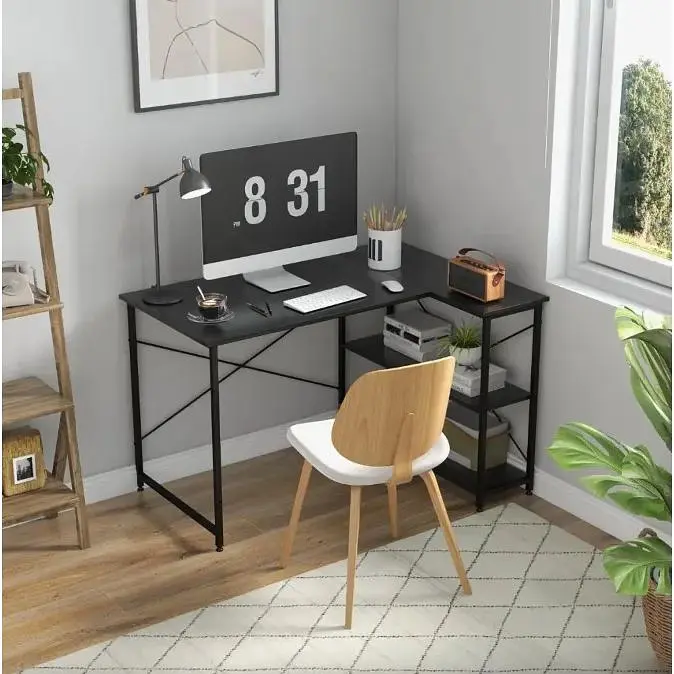 Компьютерный стол Costway Adler L-образный с полками в стиле Loft черный - фото 3