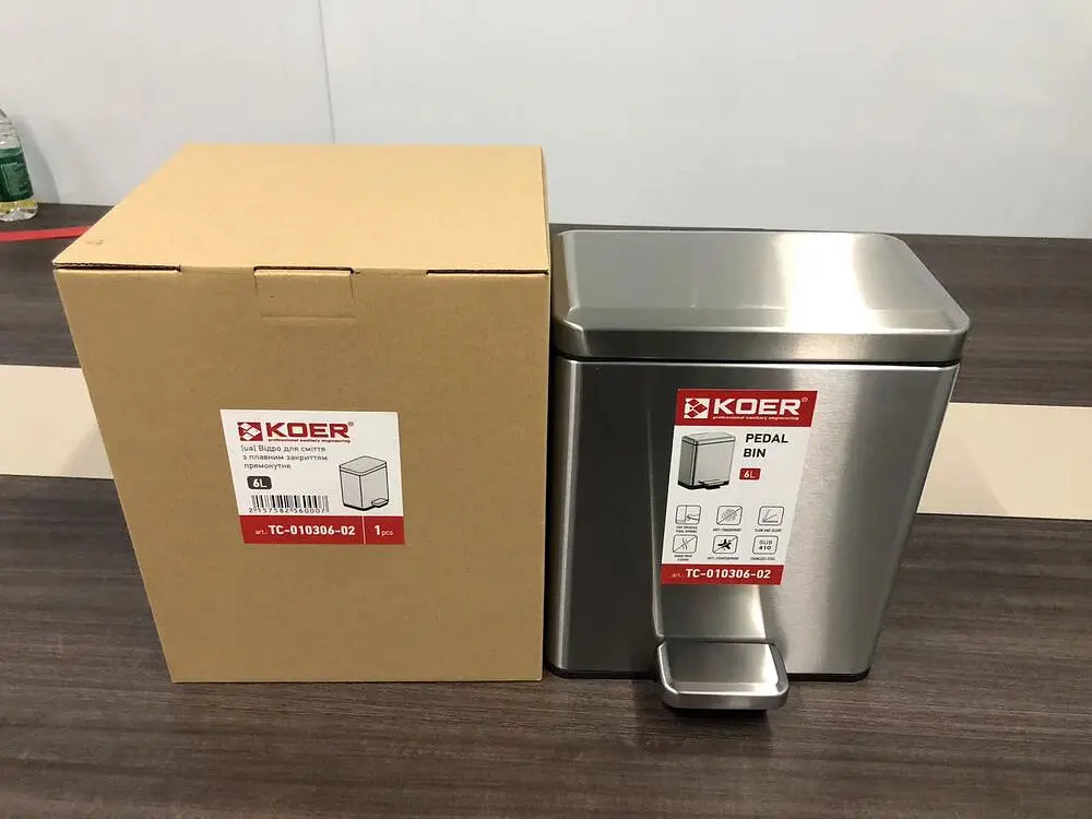 Відро для сміття з плавним закриттям прямокутне Koer TC-010306-02 6 л нержавіюча сталь KR5600, Нержавіюча сталь - фото 7