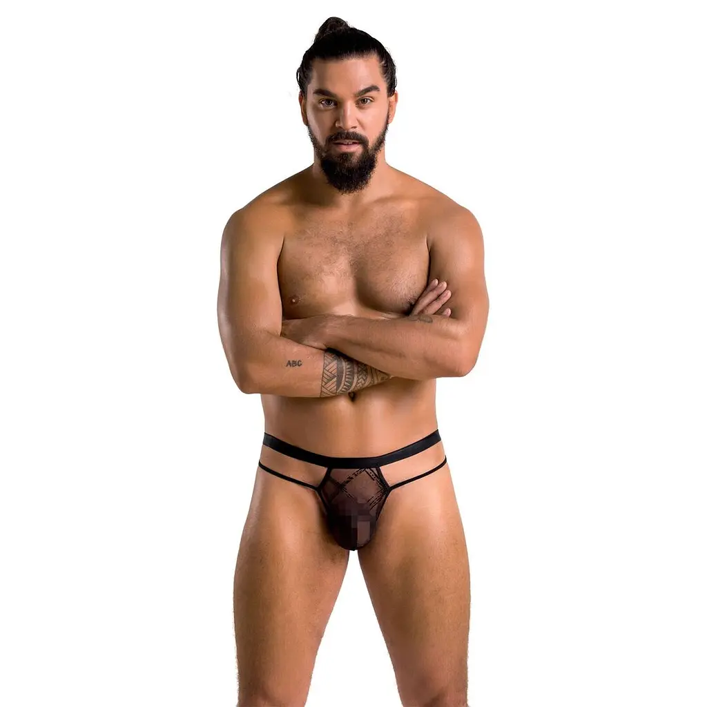 Чоловічі прозорі стринги Passion 029 THONG COLLIN L/XL Black, сітка - фото 3