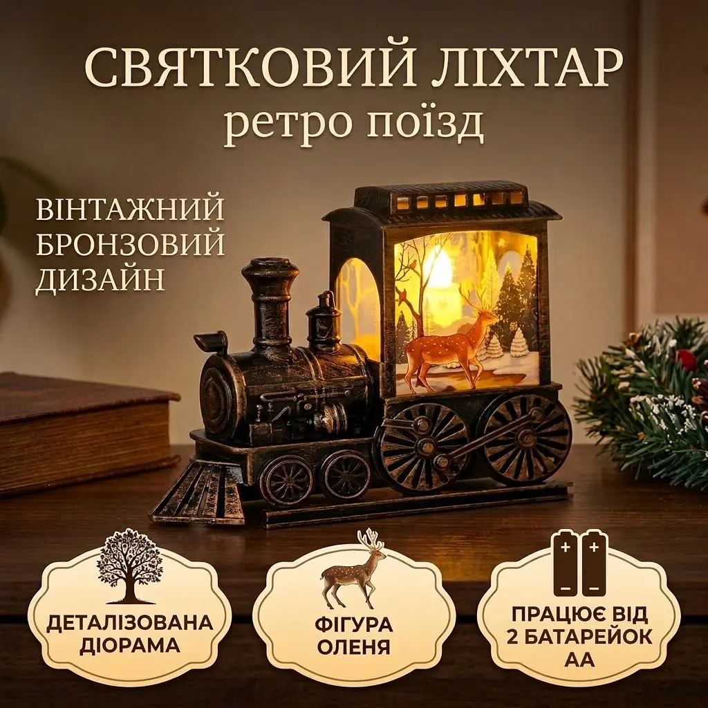 Нічник декоративний світильник паровоз з Оленем AND 5689 живлення 2 батарейки AА 13,5х8,8х8,2 см - фото 2