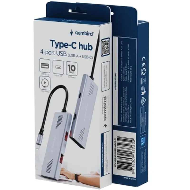 Концентратор Gembird USB-C 4-in-1 2xUSB 3.2 + 2xUSB-C 3.2 silver (UHB-CM-U310-A2C2-01) - фото 4