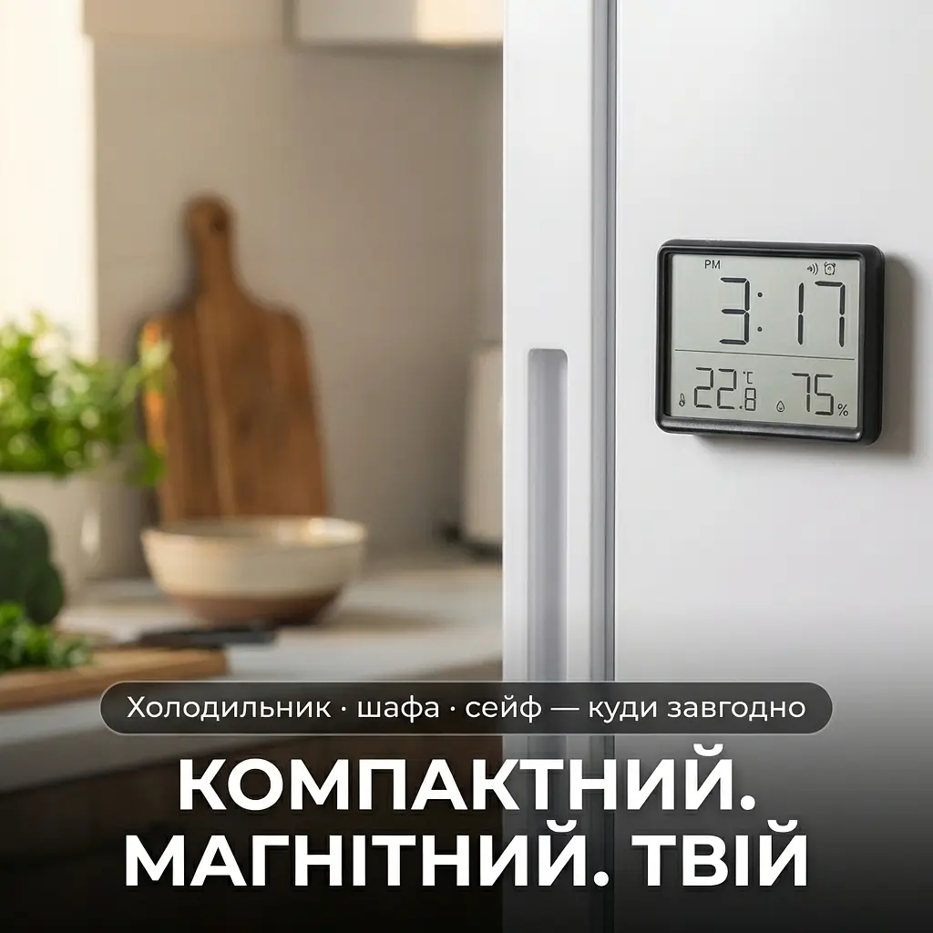 Годинник з термометром та гігрометром, цифровий будильник 9×7 см, з магнітним кріпленням, чорний - фото 4