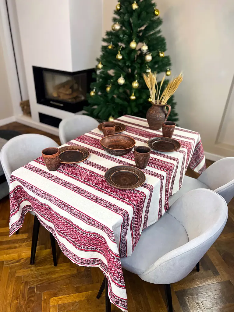 Льняная скатерть рождественская с украинским орнаментом "Рандеву красный" - 150х110 см - фото 10