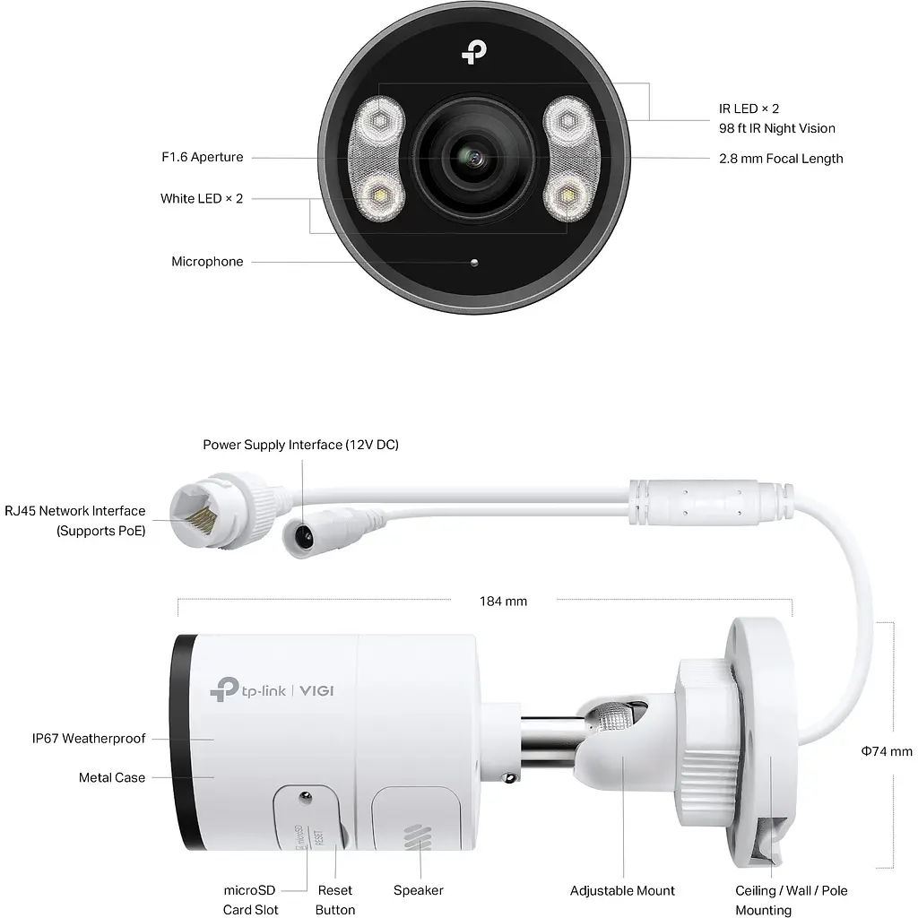 IP-камера TP-Link VIGI C345-2.8, PoE, 4Мп, 2.8мм, H265+, IP66, Bullet, кольорове нічне бачення, зовнішня - фото 6