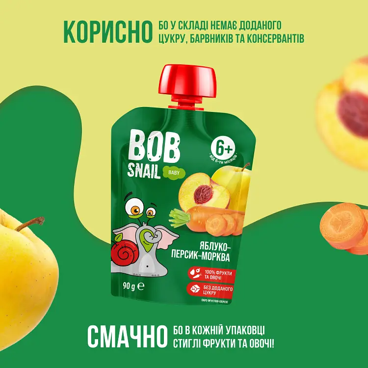 Пюре Bob Snail Яблуко–Персик–Морква гомогенізоване 90 г - фото 3