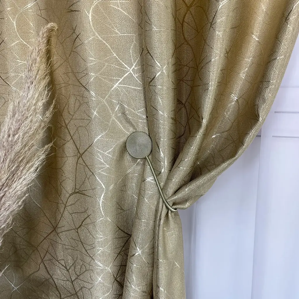 Льняні штори "бите стекло" золотистого кольору 2шт. 150х270 з білим шифоновим тюлем 400х270, на тасьмі ALBO pbe0052736 - фото 5