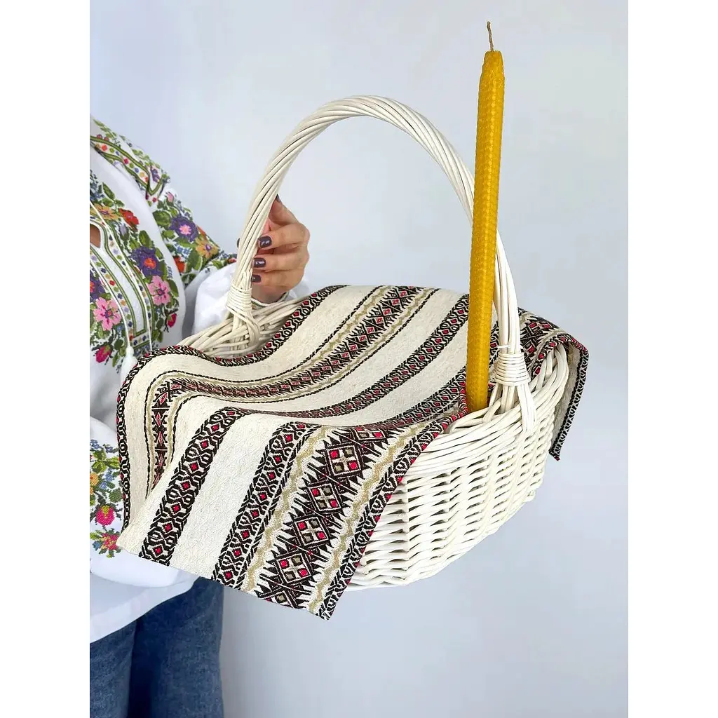 Комплект Пасхальная корзина Буковина (большая) с льняным полотенцем 70х30 см Святогор красный и свечой - фото 2