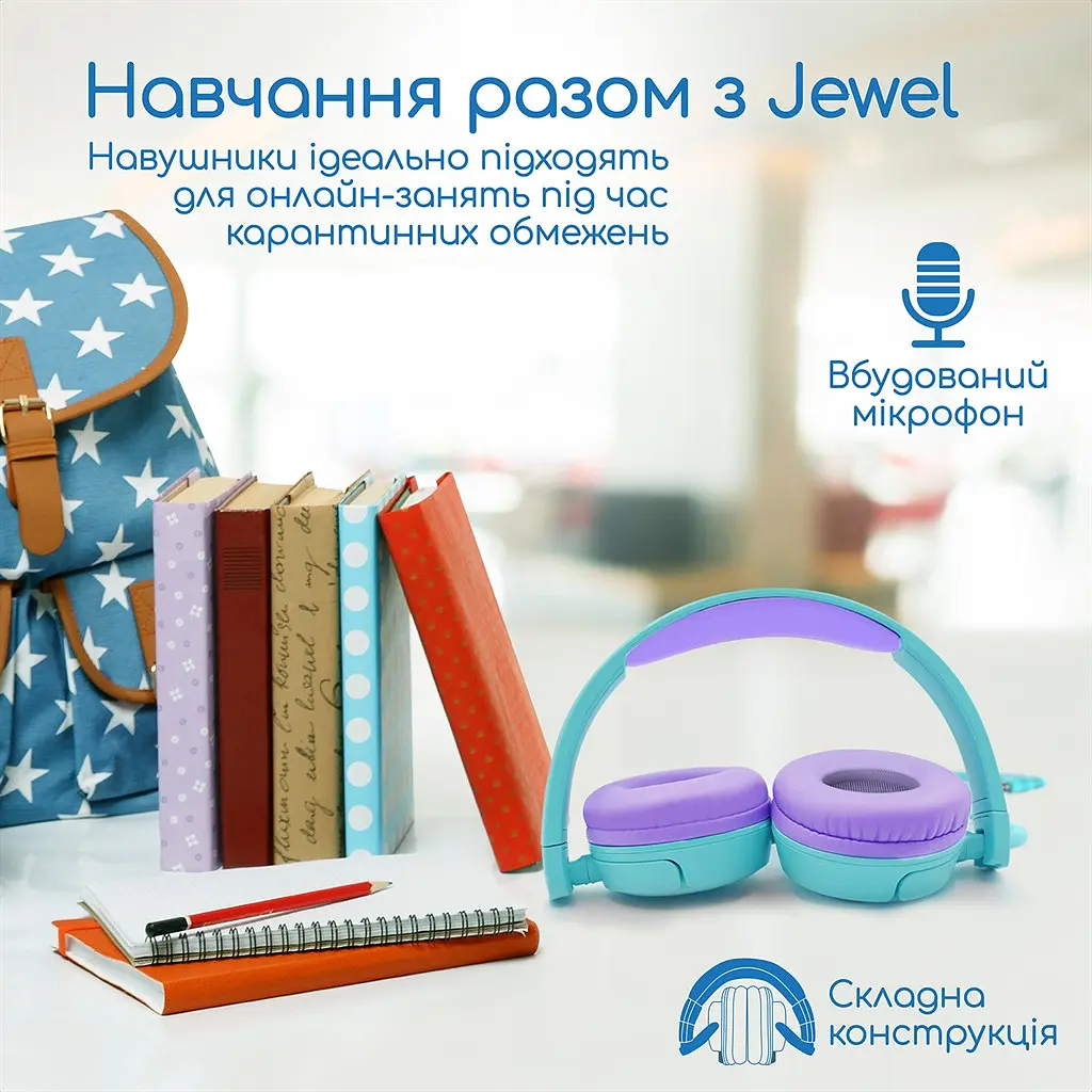 Дротові дитячі навушники з вушками кота Promate Jewel Аква - фото 8