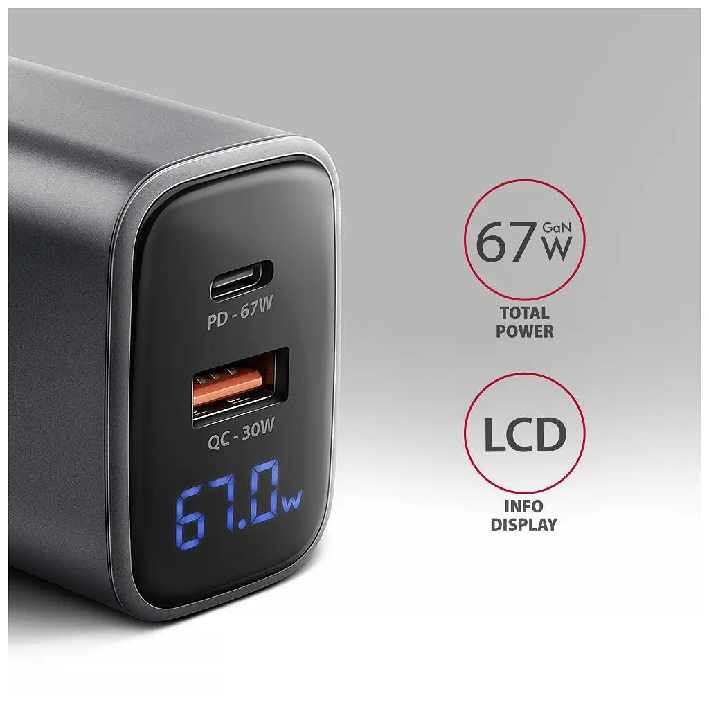 Зарядний пристрій AXAGON 1xUSB-C PD67W + 1xUSB QC4+ PPS display gray (ACU-PQ67D) - фото 3