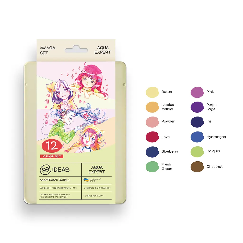Набір олівців акварельних 99IDEAS "Aqua Expert" 12 кольорів, Manga Set, металева коробка, 99AE-12MANG - фото 3