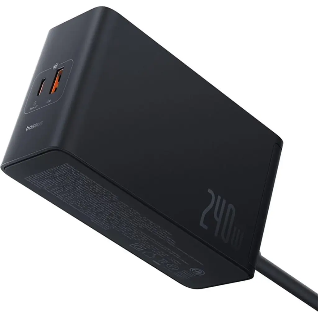 Зарядний пристрій Baseus Digital GaN Intelligent Desktop Fast Charger 240W (3xType+C+USB+DC) (With Cable DC to DC black (P10163901113-00) - фото 3