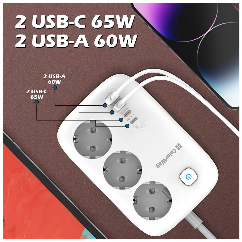 Мережевий фільтр живлення ColorWay CW-CHE34PDW 3 розетки/4USB (CW-CHE34PDW) - фото 2