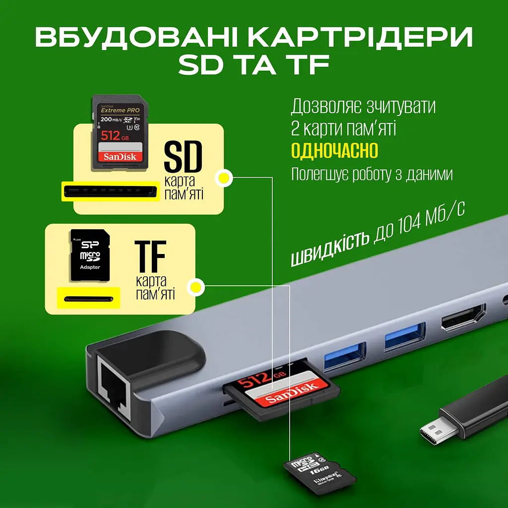 Адаптер многопортовий для ноутбуку No Brand 8в1 15.7 см Сіро-чорний (Hub-8/1) - фото 5