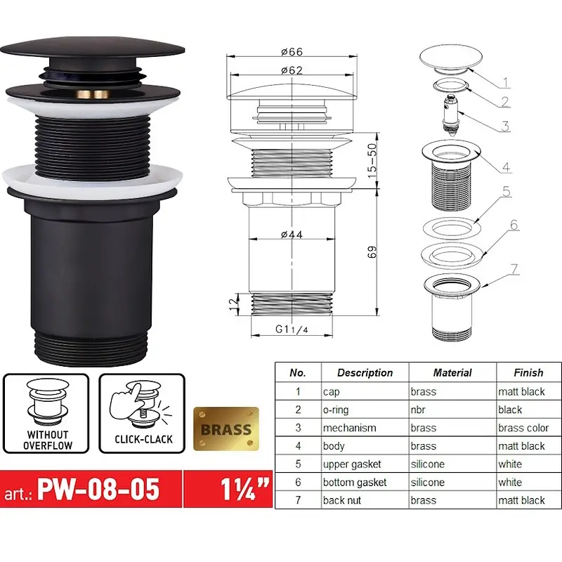 Донний клапан для раковини Koer PW-08-05 без переливу автоматичний Click-Clack 1 1/4″ Чорний KR5789 - фото 10