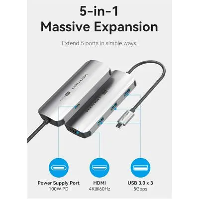 Концентратор Vention USB 3.1 Type-C to HDMI 4K60Hz/USB 3.0x3/PD 100W 5-in-1 (TQDHB) - фото 3