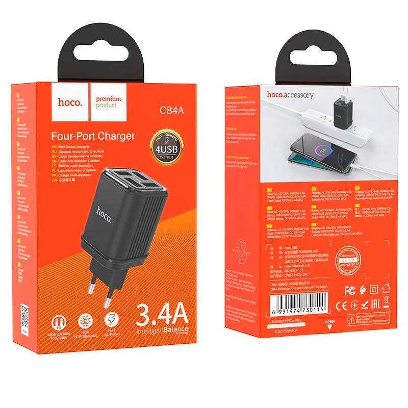 Мережевий зарядний пристрій 4USB Hoco C84A 3.4A Black - фото 3