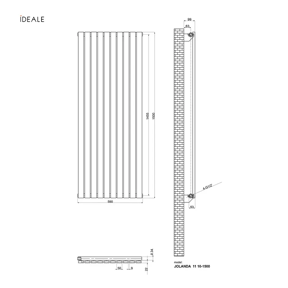 Радіатор дизайнерський Ideale Jolanda 11 10/1500 антрацит, Антрацит - фото 3