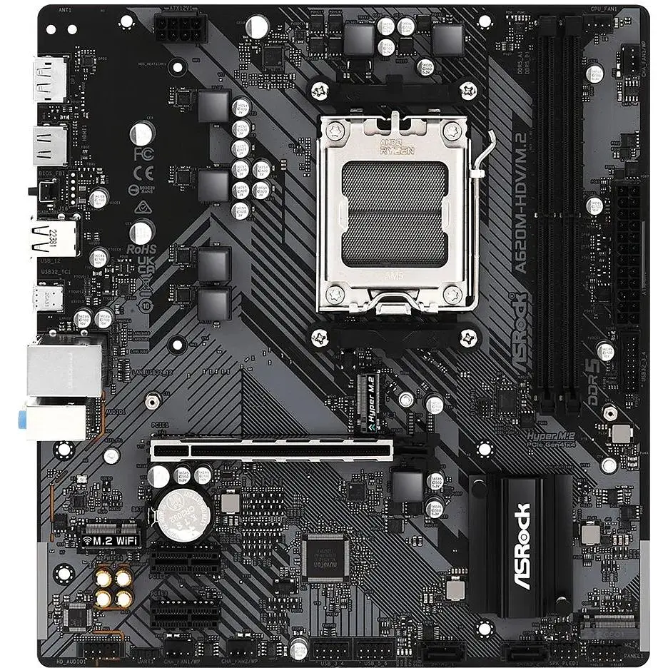 Материнська плата ASRock A620M-HDV/M.2 (AM5/A620, 2xDDR5, PCIex16, DP/HDMI, 2xSATAІІІ, 2xM.2, GLan, 8ch, mATX) - фото 6