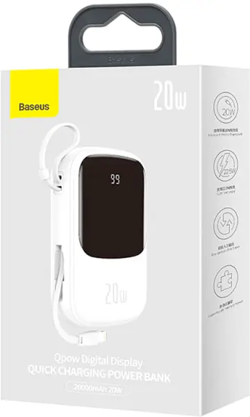 Внешний аккумулятор Baseus Qpow 20 W 20000 mAh PPQD-H02 встроенный Lightning кабель Белый - фото 2
