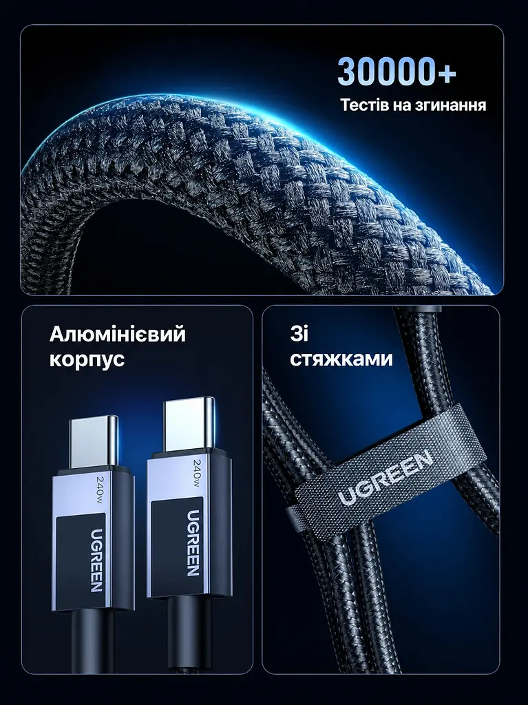 Кабель UGREEN L513 USB-C - USB-C PD 3.1 240 Вт 1 м чорний (45067) - фото 4