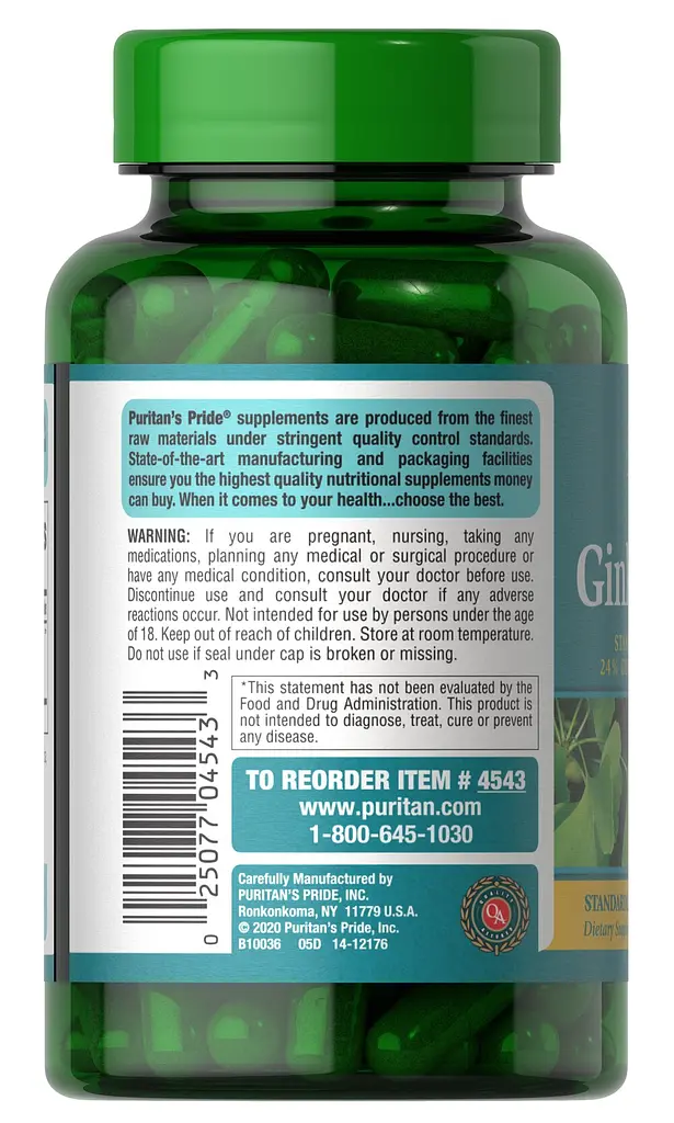 Натуральна добавка Puritan's Pride Ginkgo Biloba Standardized Extract 120 mg 200 капсул - фото 3