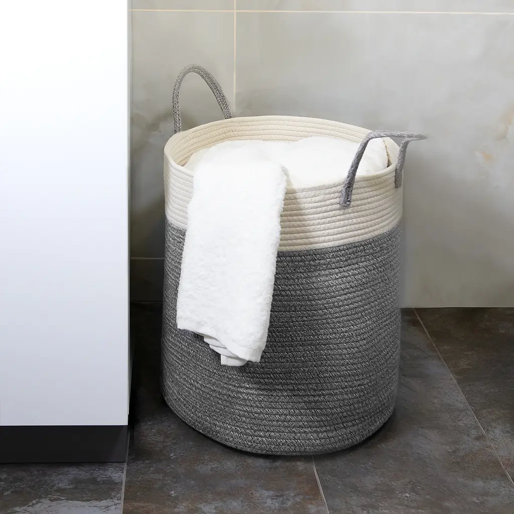 Корзина для хранения с ручками МВМ My Home текстильная, 410х450 мм, бело-серая (TH-14 GRAY/WHITE) - фото 3