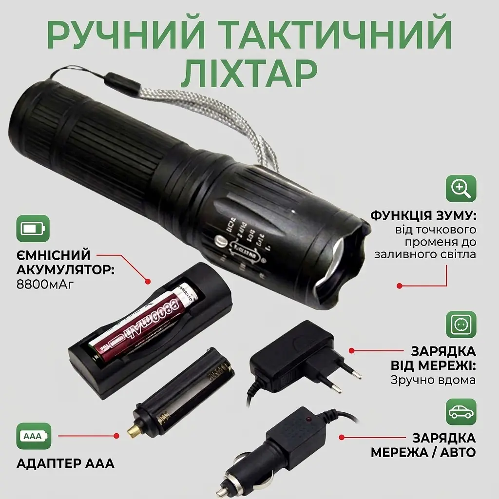 Ліхтарик з механічним зумом ручний BL-200-P50 акумуляторний 1х18650 або 3xAAA 5 режимів (100%, 75%, 50%, миготливий / стробоскоп, SOS) - фото 2