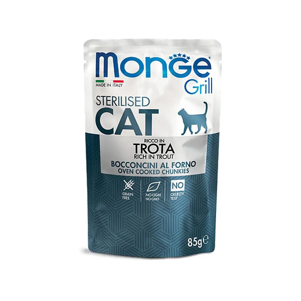 Набір консервів для кішок Monge Cat GRILL MIX STERILISED мікс 3 смаки: телятина/півник/форель 12 шт. по 100 гр - фото 2